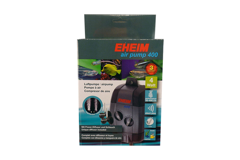 Eheim Air Pump 400 l/h with adjustable twin outlets, providing quiet, efficient oxygen flow for aquariums.