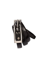 Ladies semi-patent black belt in size 24, featuring a sleek finish and secure buckle for versatile styling.