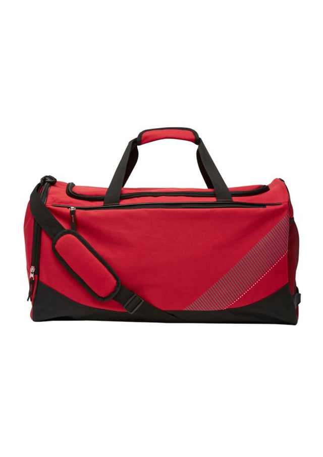 Red Razor Sports Bag featuring a large U-shaped opening, wet/dry compartment, adjustable strap, and multiple pockets.