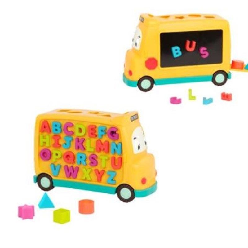 Colorful educational school bus toy with 26 letters, 4 shapes, magnetic board, and shape sorting for kids 3+.