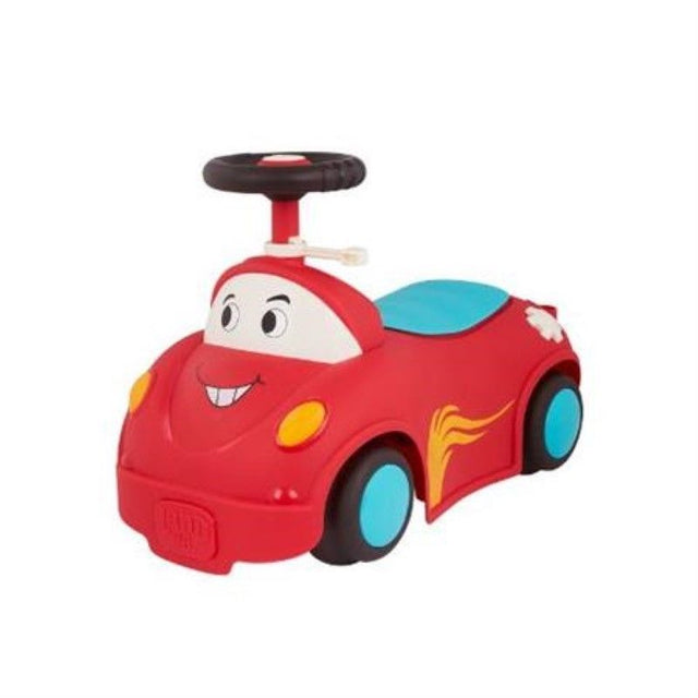 Colorful B. Race Car Ride On for toddlers, featuring songs, lights, sounds, and hidden storage for imaginative play.