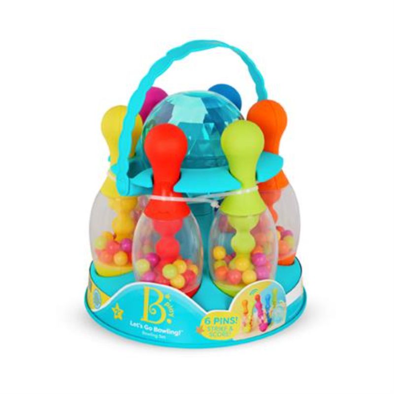 Colorful B. Bowling Set for toddlers features a light-up bowling ball and hollow pins filled with bouncy balls, promoting active play.