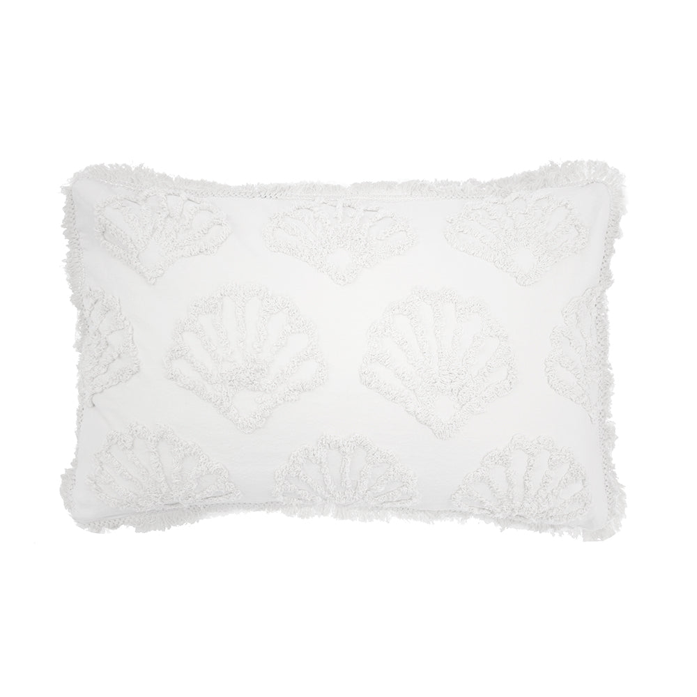 Elegant white Hydra Coverlet Set by Bambury featuring a cotton tufted shell pattern, fringed edges, and includes pillowcases.