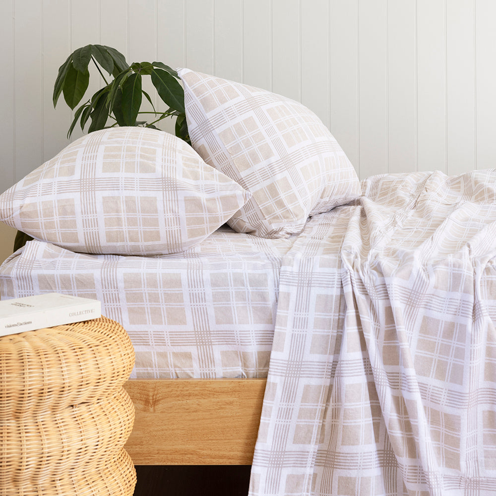Queen Sheet Set - Enid Flannelette features soft, brushed 100% cotton with a geometric design for cozy winter comfort.