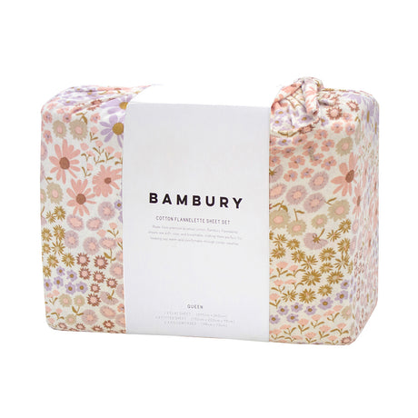 Queen flannelette sheet set with floral design in soft, cozy cotton for warmth on chilly nights; includes flat sheet, fitted sheet, and pillowcases.