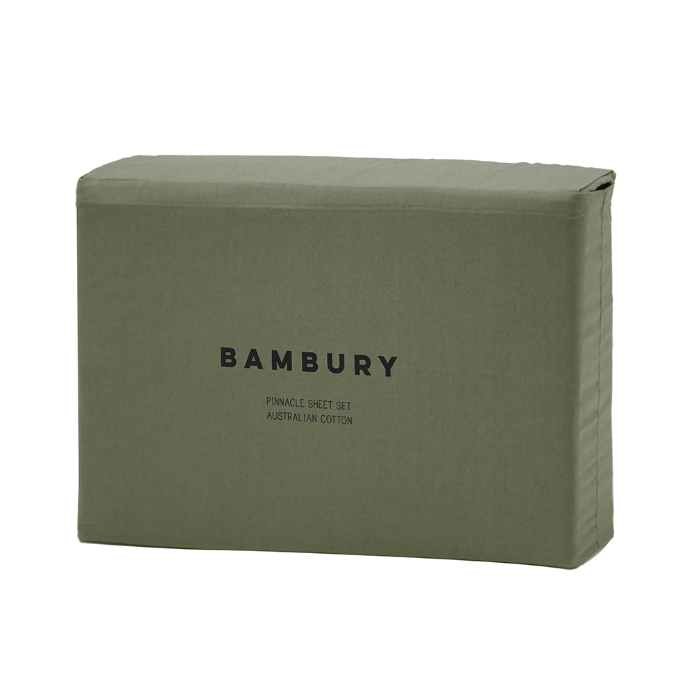 King Sheet Set in Pinnacle Moss, made from eco-friendly Australian Cotton, includes fitted sheet, flat sheet, and pillowcases.