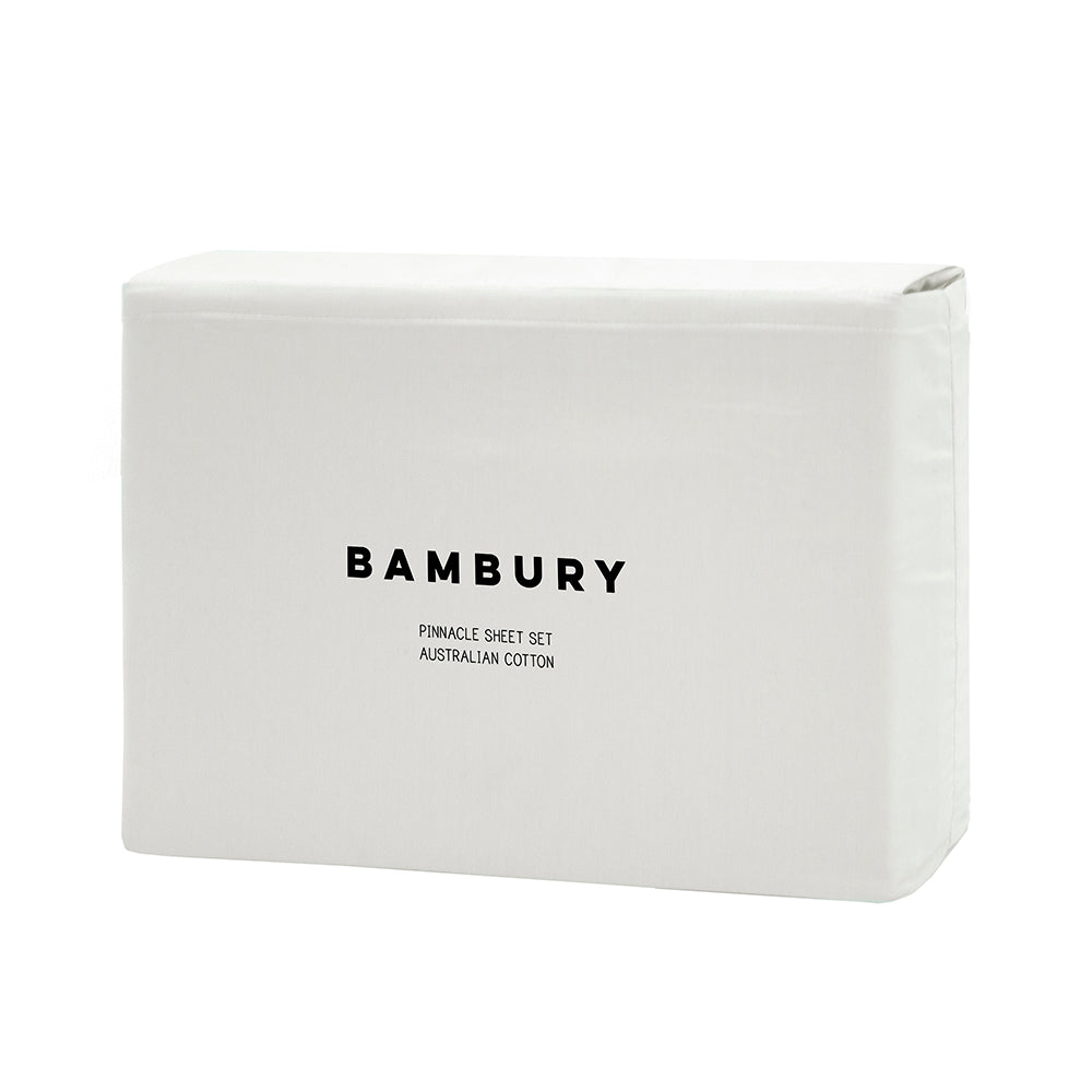Double Sheet Set in Pinnacle White, crafted from premium Australian cotton for comfort and durability, includes fitted and flat sheets plus pillowcases.