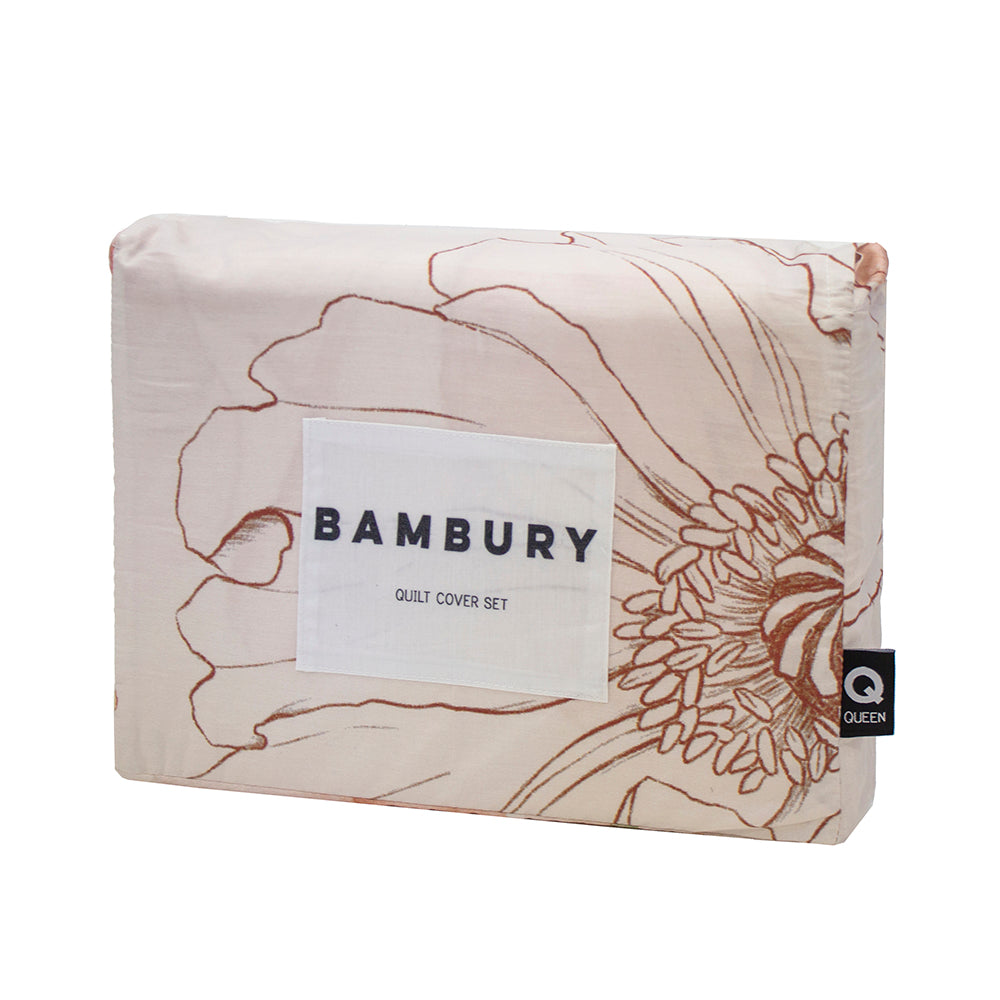 Poppy Quilt/Duvet Cover Set in peach, burnt orange, and terracotta with floral design, crafted from 100% cotton.