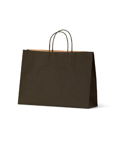 Small budget-friendly black Kraft paper bags with sturdy handles, ideal for eco-friendly packaging, 250 per carton.