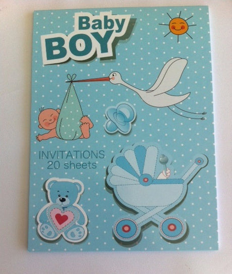 Baby shower invitations for a boy, 20 beautifully designed sheets, perfect for party details and easy mailing.