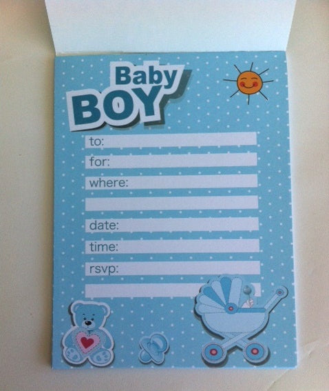 Baby shower invitations featuring 20 beautifully designed sheets for welcoming a baby boy, sized 19 x 4.5 cm.