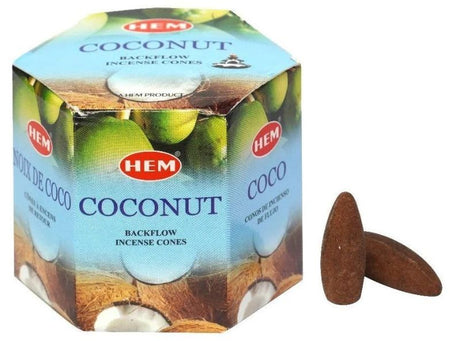 Backflow Cones - HEM Coconut: Pack of 12, 40 eco-friendly cones each, creating aromatic, cascading coconut-scented smoke.