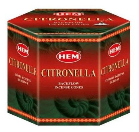 Box of 12 HEM Citronella backflow cones, perfect for relaxation, aromatherapy, and repelling insects with cascading smoke.