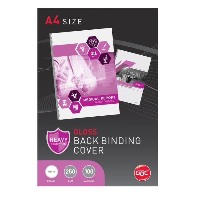 GBC A4 Gloss White Binding Covers Pack of 100, 250GSM, ideal for professional document presentations and protection.