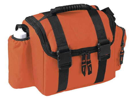 Orange cooler bag with insulated pockets, oversized zippers, adjustable strap, and a 15-litre capacity for easy transport.