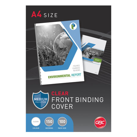 GBC A4 clear binding covers, 150 micron, pack of 100, perfect for professional document protection and presentation.