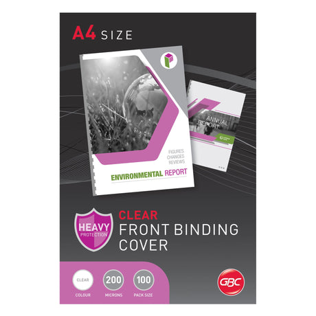 GBC Binding Cover A4 200 Micron Clear Pack of 100, premium PVC gloss for polished, professional document protection.