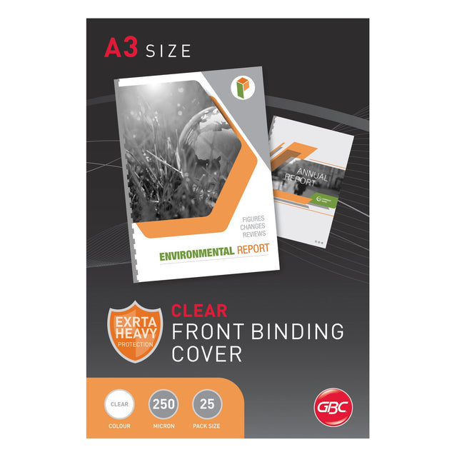 Clear A3 binding covers, 250-micron thick, pack of 25, providing a professional finish and durability for documents.