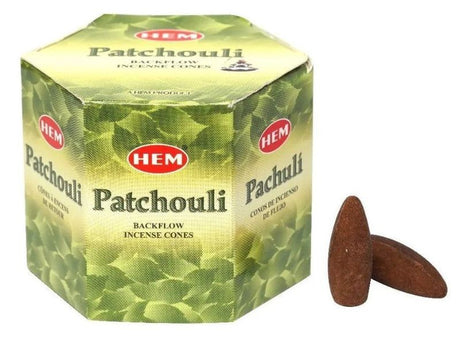 Box of 12 HEM Patchouli backflow cones, releasing earthy aroma and creating mesmerizing smoke patterns for relaxation and meditation.