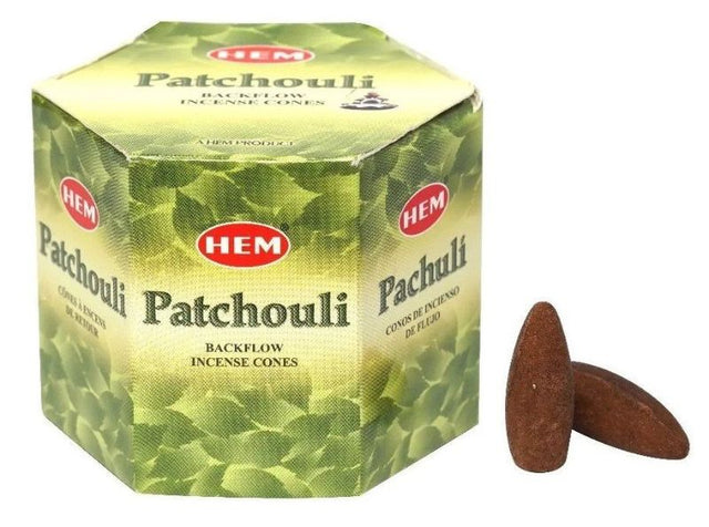 Box of 12 HEM Patchouli backflow cones, releasing earthy aroma and creating mesmerizing smoke patterns for relaxation and meditation.