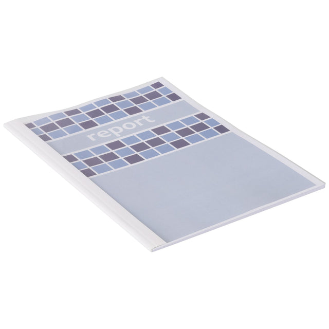 GBC 1.5mm thermal binding covers in white, pack of 100, ideal for creating professional reports with clear front and sturdy spine.