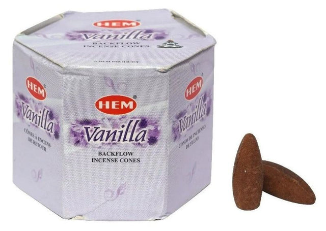 Backflow incense cones in vanilla scent, ideal for meditation and relaxation, featuring 12 packets with 40 cones each.