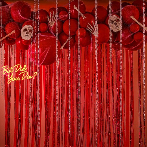 "Bad Blood Red Halloween Balloon Arch Kit featuring assorted red balloons, webbing, streamers, and skull decorations for spooky decor."