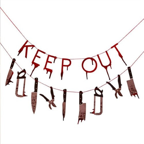 Spooky "Keep Out" bunting banner with weapon designs, perfect for Halloween parties, spanning 1.5 meters in dark red twine.