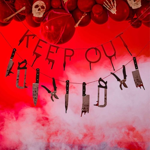 "Spooky 1.5m bunting banner with 'Keep Out' message and 12 weapon designs, perfect for Halloween or haunted parties."