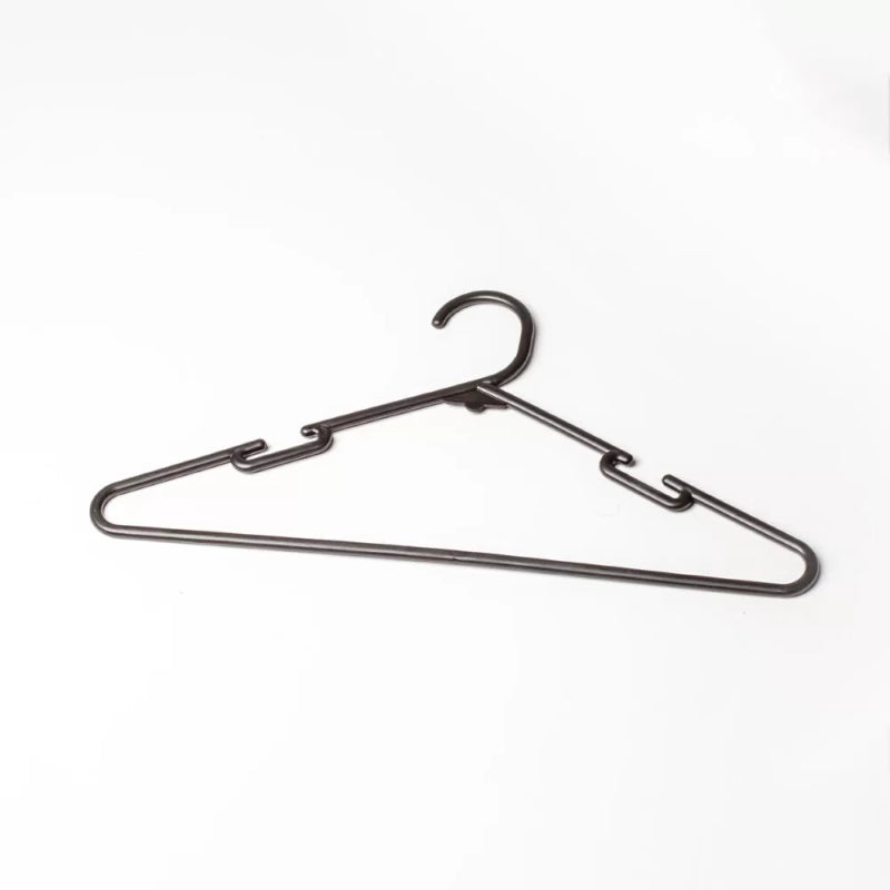 Set of 12 black plastic coat hangers, 45cm long, designed for durable, slip-resistant clothing storage.