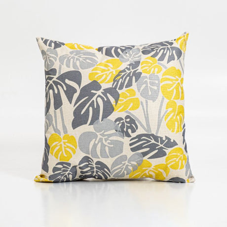 Square yellow leaf cushion cover, featuring durable fabric and hidden zipper, perfect for enhancing modern decor.