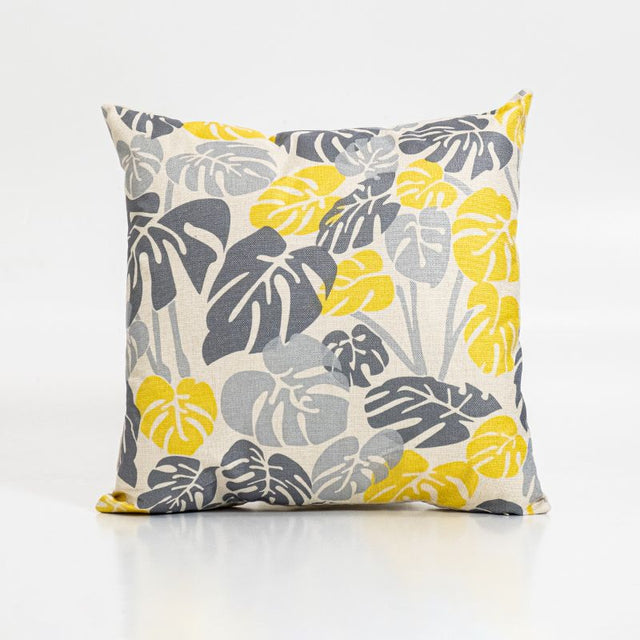 Square yellow leaf cushion cover, featuring durable fabric and hidden zipper, perfect for enhancing modern decor.