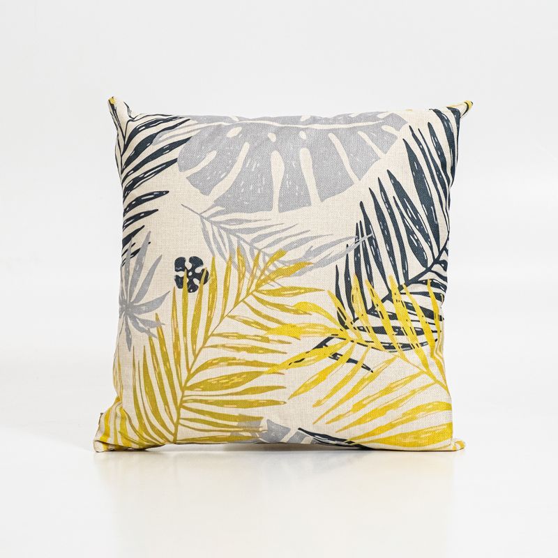 Vibrant yellow fern pattern square cushion cover for stylish home decor, made from durable, easy-care fabric.