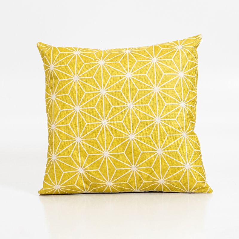 Bright yellow geometric cushion cover, 50x50 cm, made from durable polyester, perfect for modern and traditional decor.