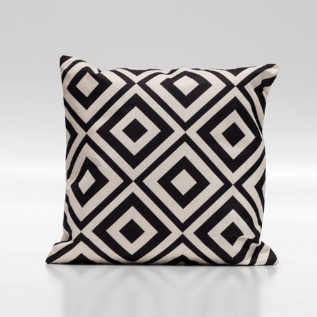 Black and white square cushion cover made of durable polyester, perfect for modern decor and easy maintenance.