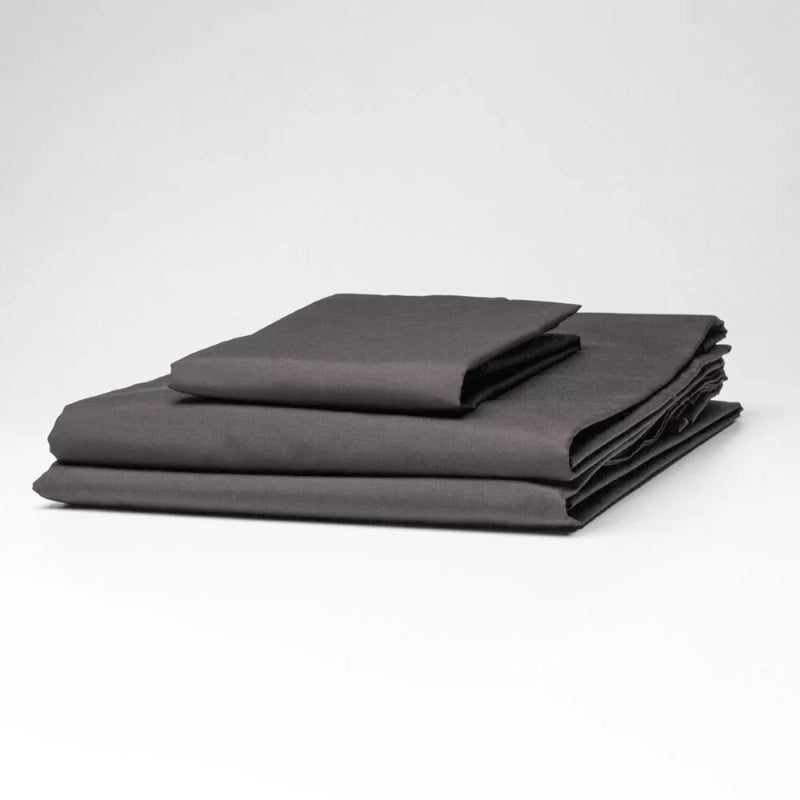 Charcoal fitted sheet for King Single bed, 160TC, wrinkle-free, 50/50 cotton-poly blend, 107 x 203 x 30 cm dimensions.