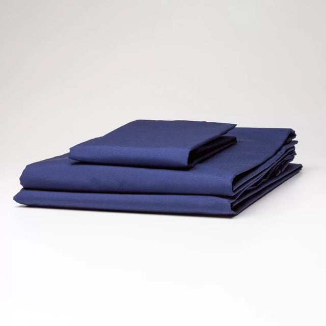 Premium navy fitted sheet with 220TC, 50% cotton, wrinkle-free, sanforised for minimal shrinkage, and easy tuck-in.