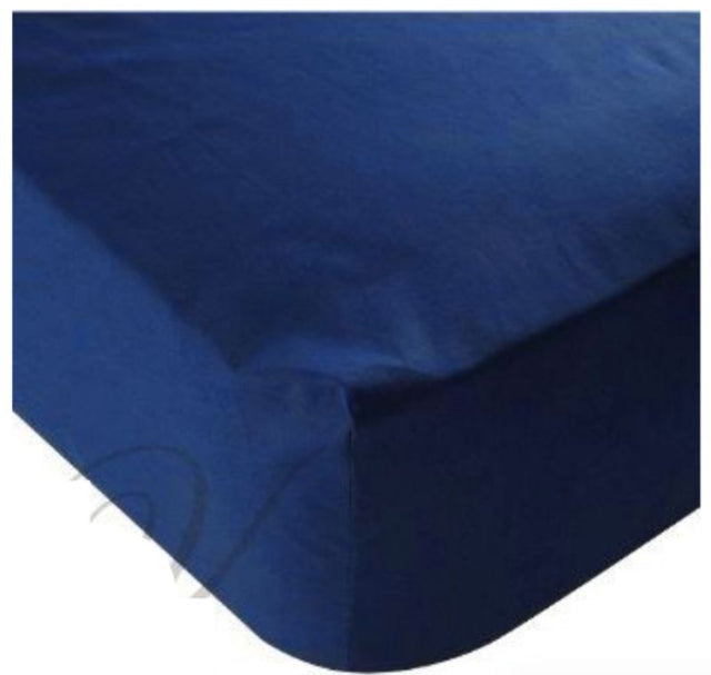 Navy fitted sheet designed for king single mattresses, made of durable cotton-polyester blend, wrinkle resistant, and easy care.