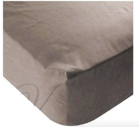 Premium taupe fitted sheet for King Single mattress, crafted from a durable 50% cotton, 50% polyester blend.