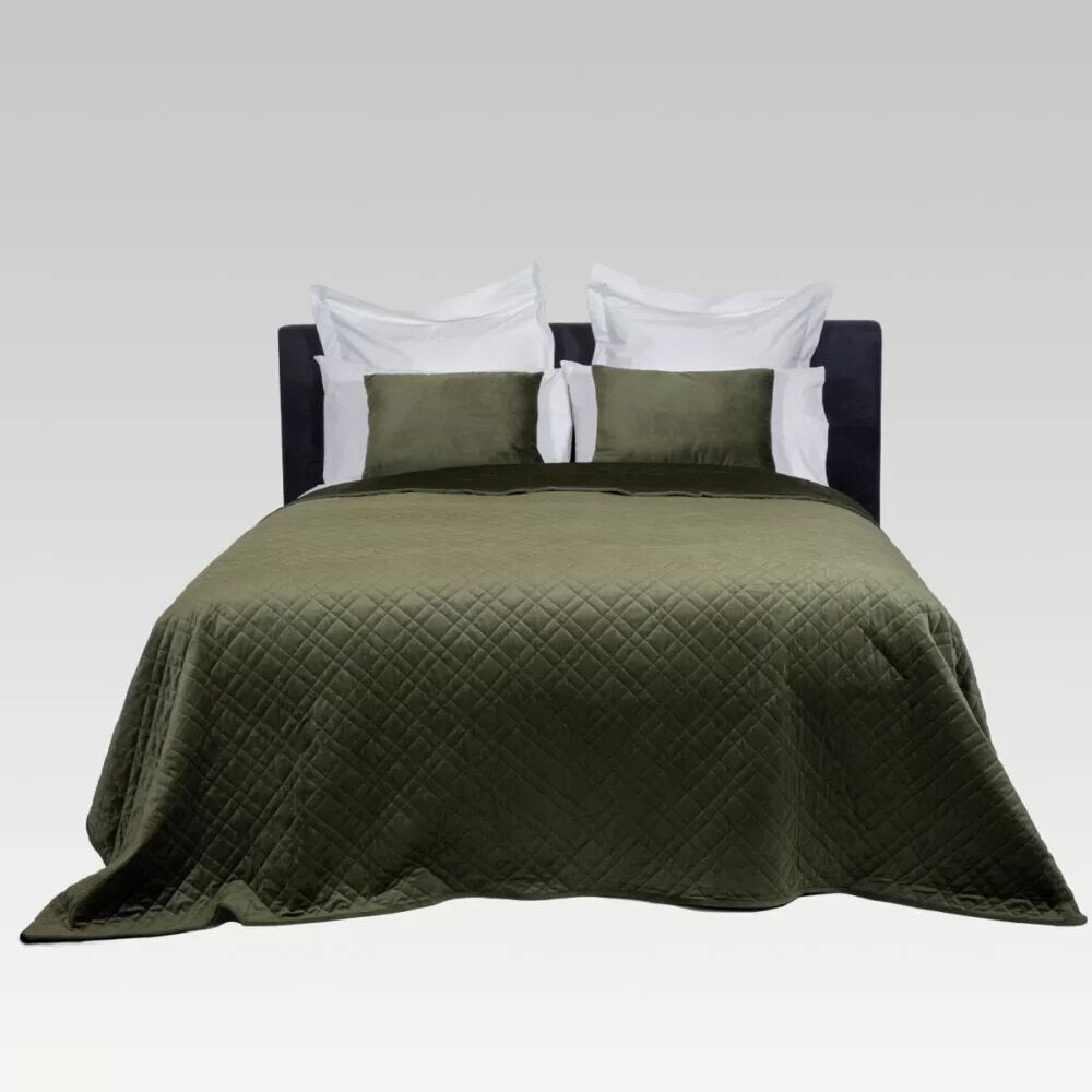 Luxury super king quilted coverlet in Fern, made of Holland Velvet and recycled microfibre, hypoallergenic and versatile for all seasons.