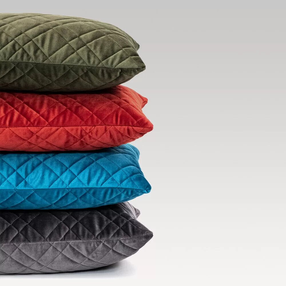 Quilted oblong cushion cover in fern green, crafted from velvet with eco-friendly microfibre, perfect for stylish decor.