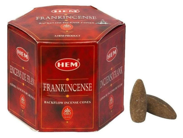 Box of 12 HEM Frank Incense backflow cones, perfect for meditation with soothing scent and mesmerizing smoke effect.