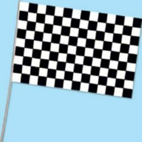 Checkered flag plastic, 28cm x 43cm, with wooden dowel, perfect for races and themed parties, durable for all weather.