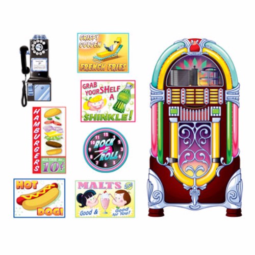 Colorful cutout props featuring retro soda shop signs and jukeboxes, ideal for 50s-themed parties and events.