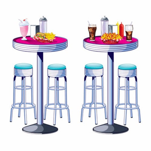 Vibrant retro soda shop table and stool cutouts, ideal for themed parties and photo ops, measuring 160cm x 71cm.