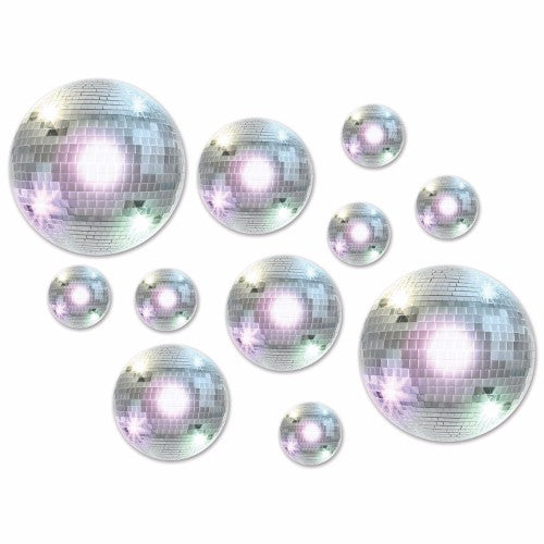 Assorted disco ball cutouts in various sizes for festive decor, perfect for parties and celebrations. Pack of 20.