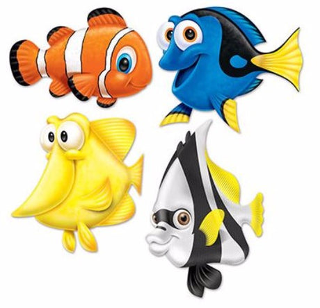 Colorful Under the Sea fish cutouts, pack of 4, perfect for marine-themed decorations, classrooms, and parties.