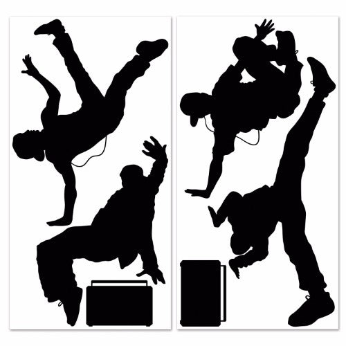 Vibrant pack of 6 plastic 80's breakdancer and boombox silhouettes for themed parties, ranging from 34cm to 130cm.