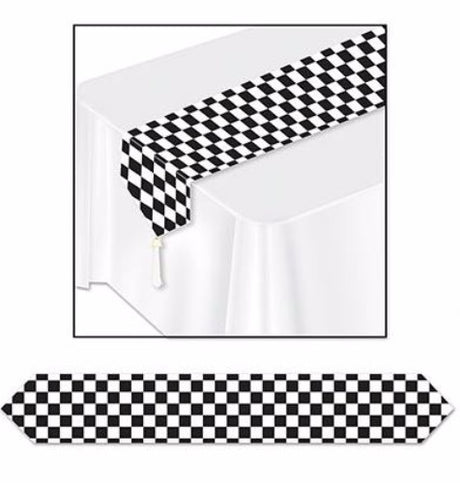 Black and white checkered table runner, 1.83m long, perfect for stylish dining events and easy to clean.