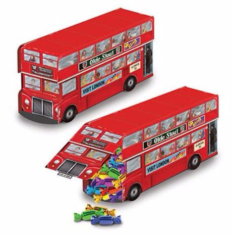 Vibrant cardboard Double Decker Bus Centerpiece, 23cm x 13cm, perfect for British-themed events and celebrations.